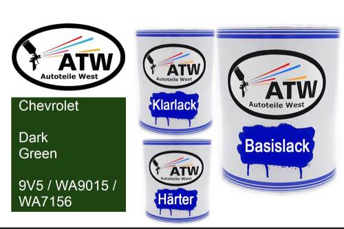 Chevrolet, Dark Green, 9V5 / WA9015 / WA7156: 1L Lackdose + 1L Klarlack + 500ml Härter - Set, von ATW Autoteile West.